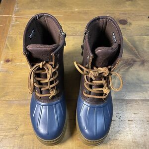 Women’s Sperrys Saltwater Duck Boots Chocolate Brown & Navy Blue NWO Tags Size 6